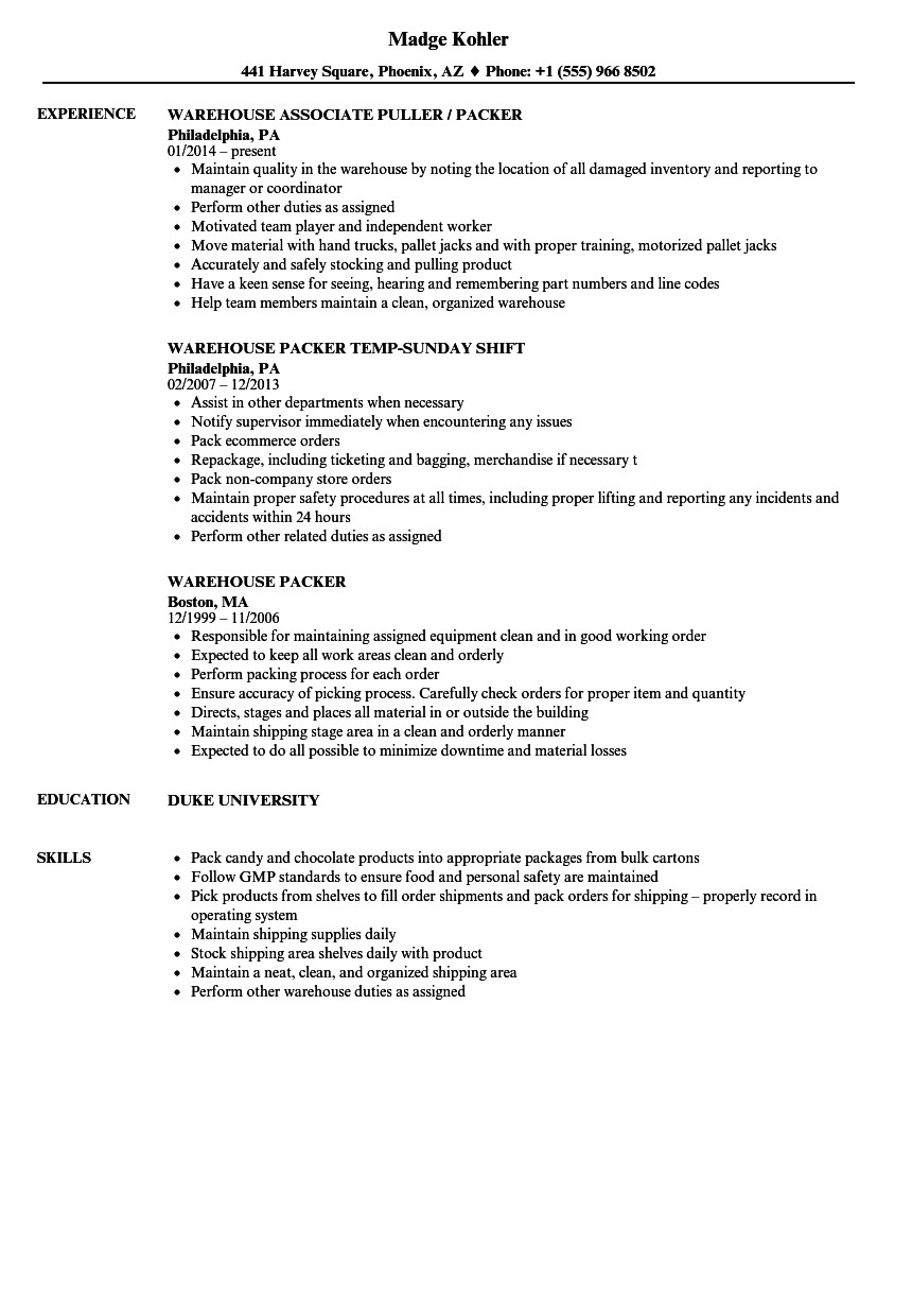 warehouse packer resume sample