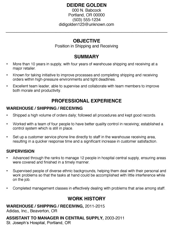 resume sample shipping and receiving