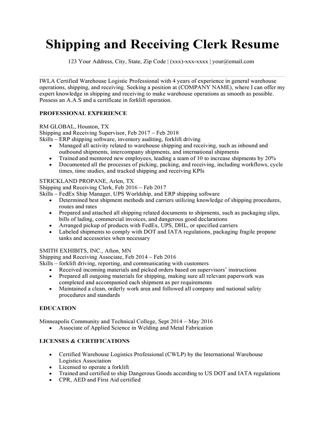 shipping and receiving resume sample