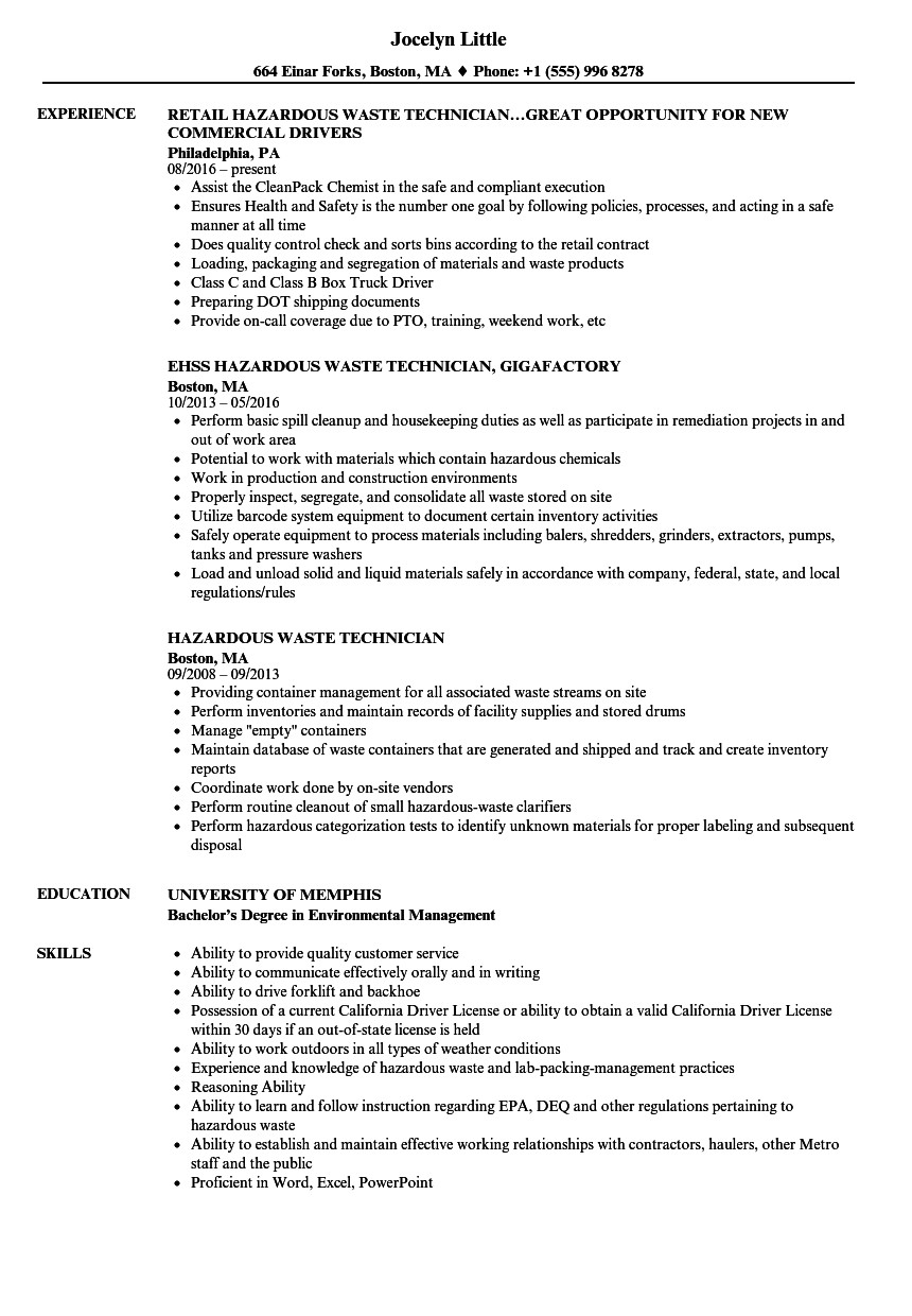 chemical waste management technician cv