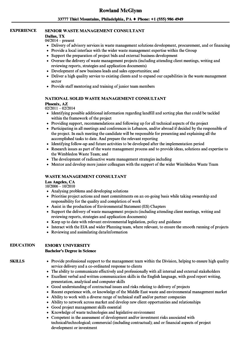 Sample Resume for Waste Management Job Waste Management Consultant Resume Samples