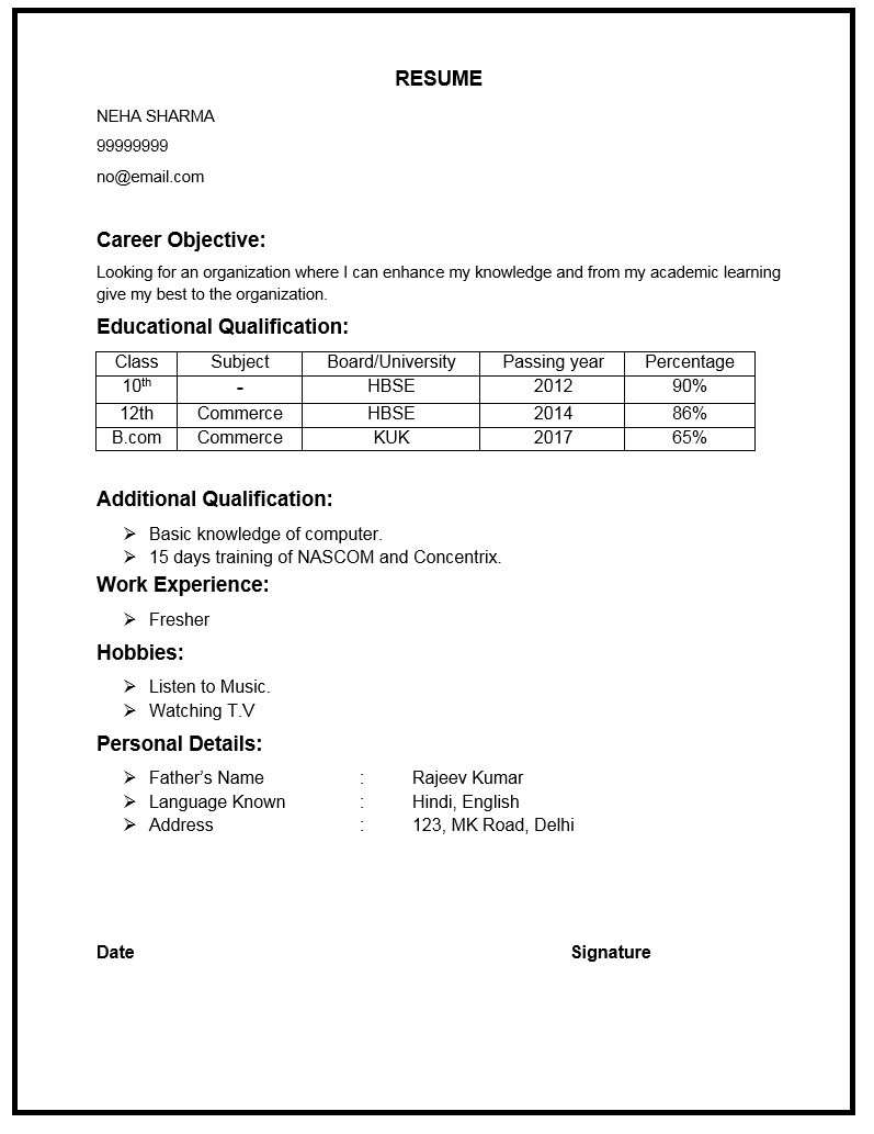 Sample Resume format for 12th Pass Student