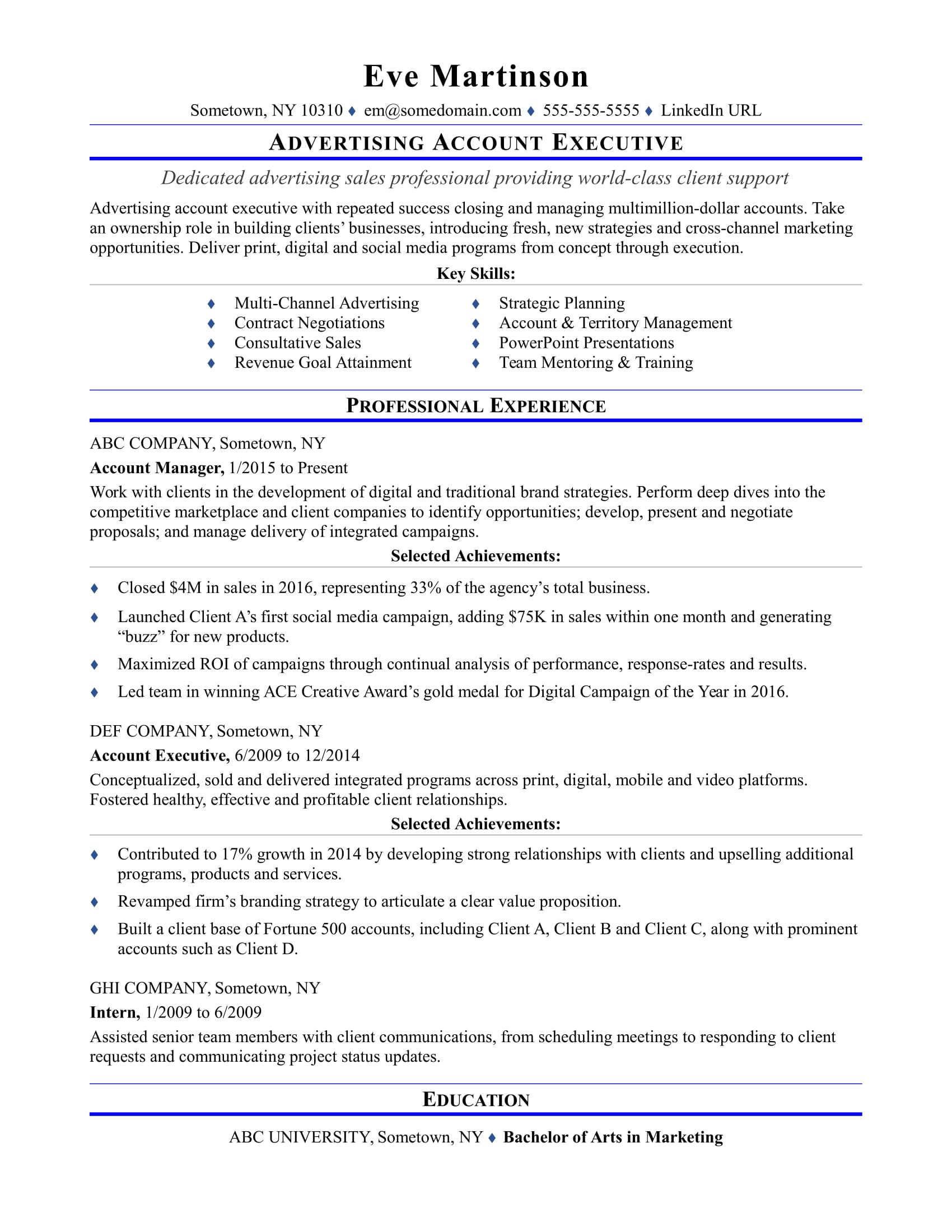 sample resume account executive