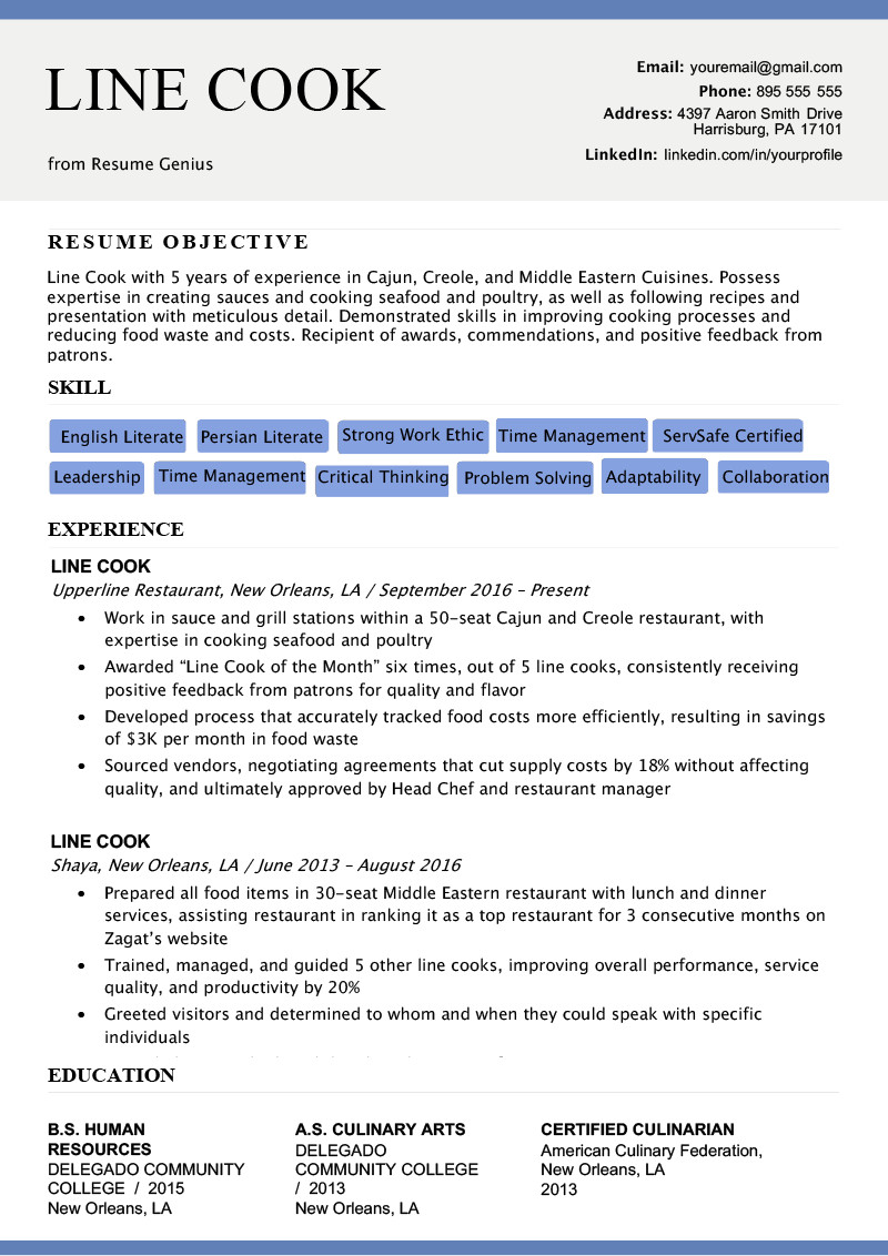 line cook resume example