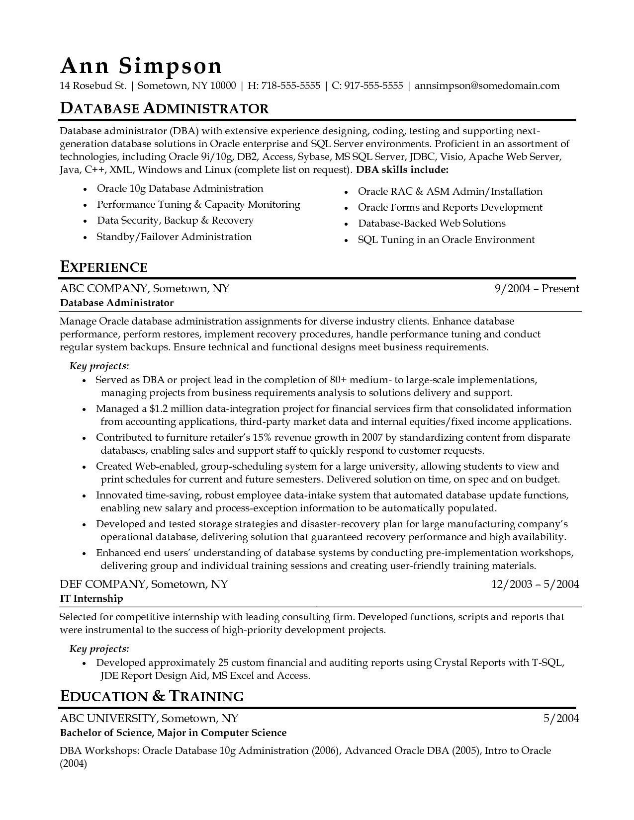 oracle dba resume sample