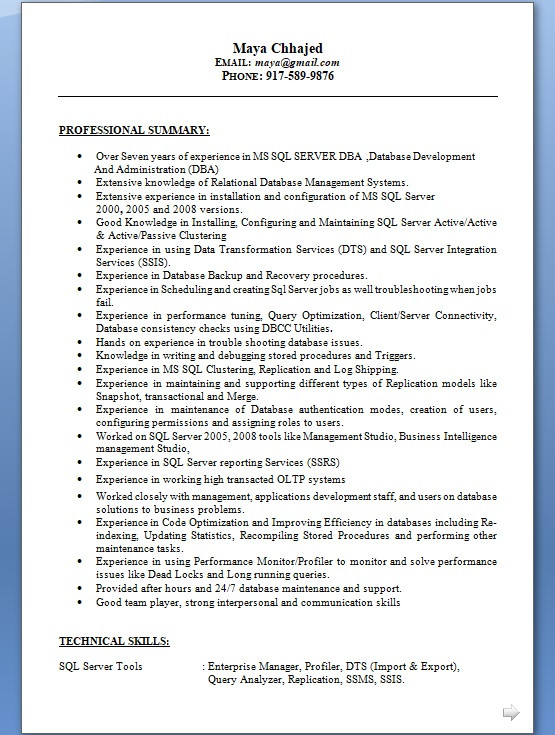 sql dba sample resume format in word