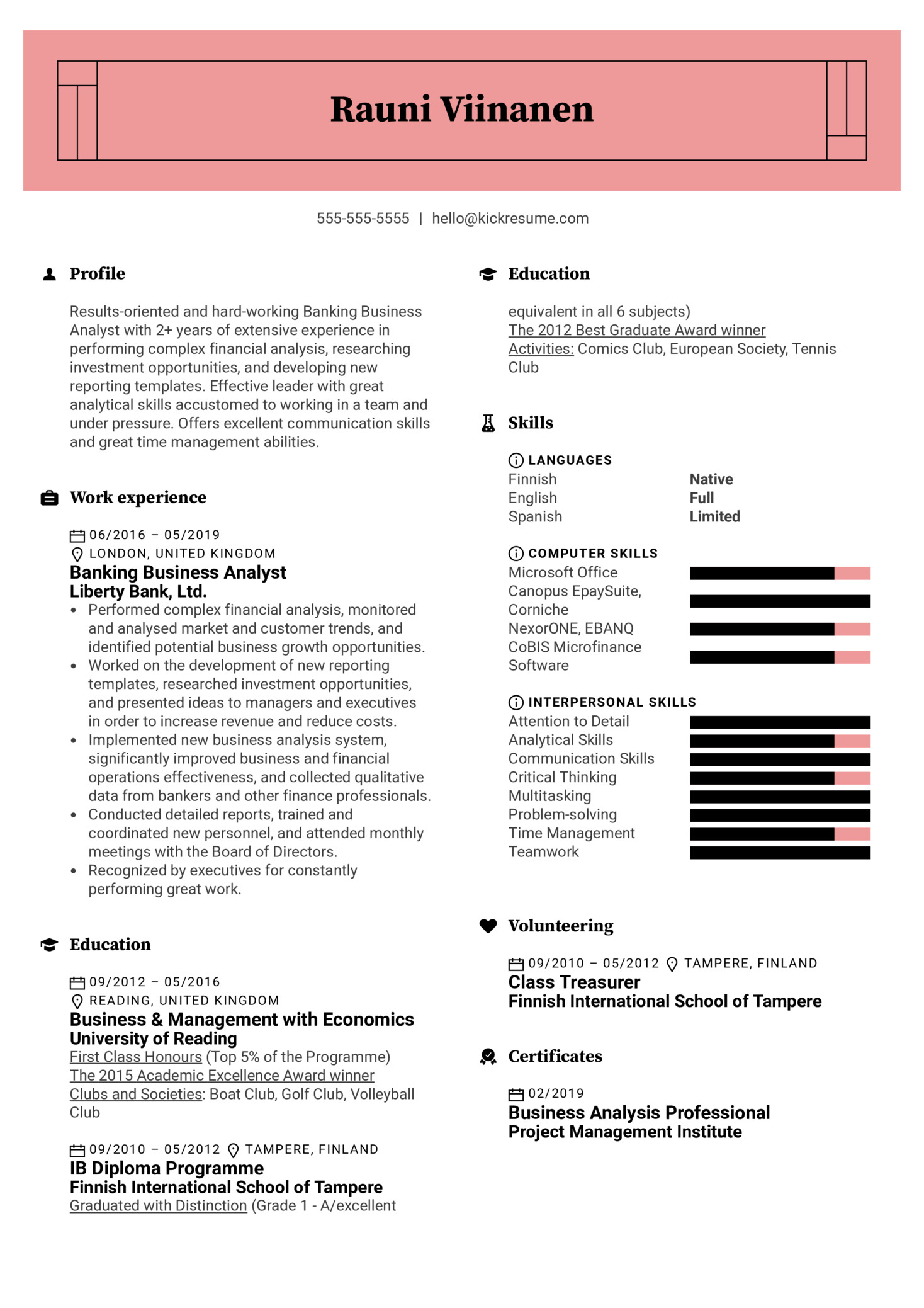 banking business analyst resume sample