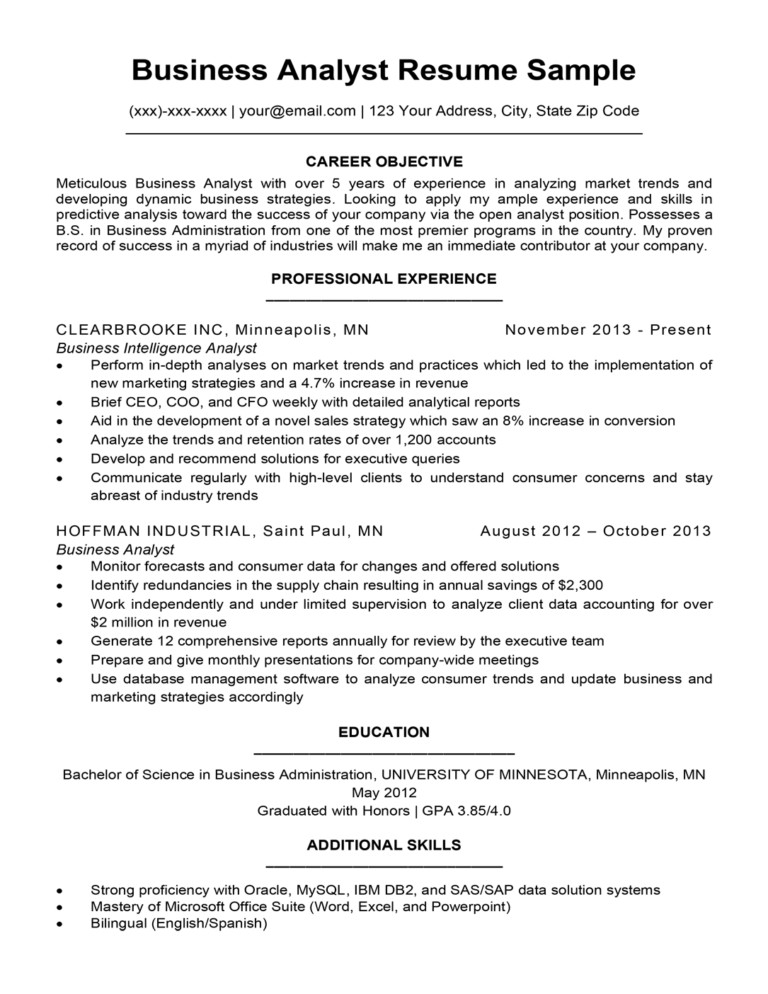 business analyst resume sample