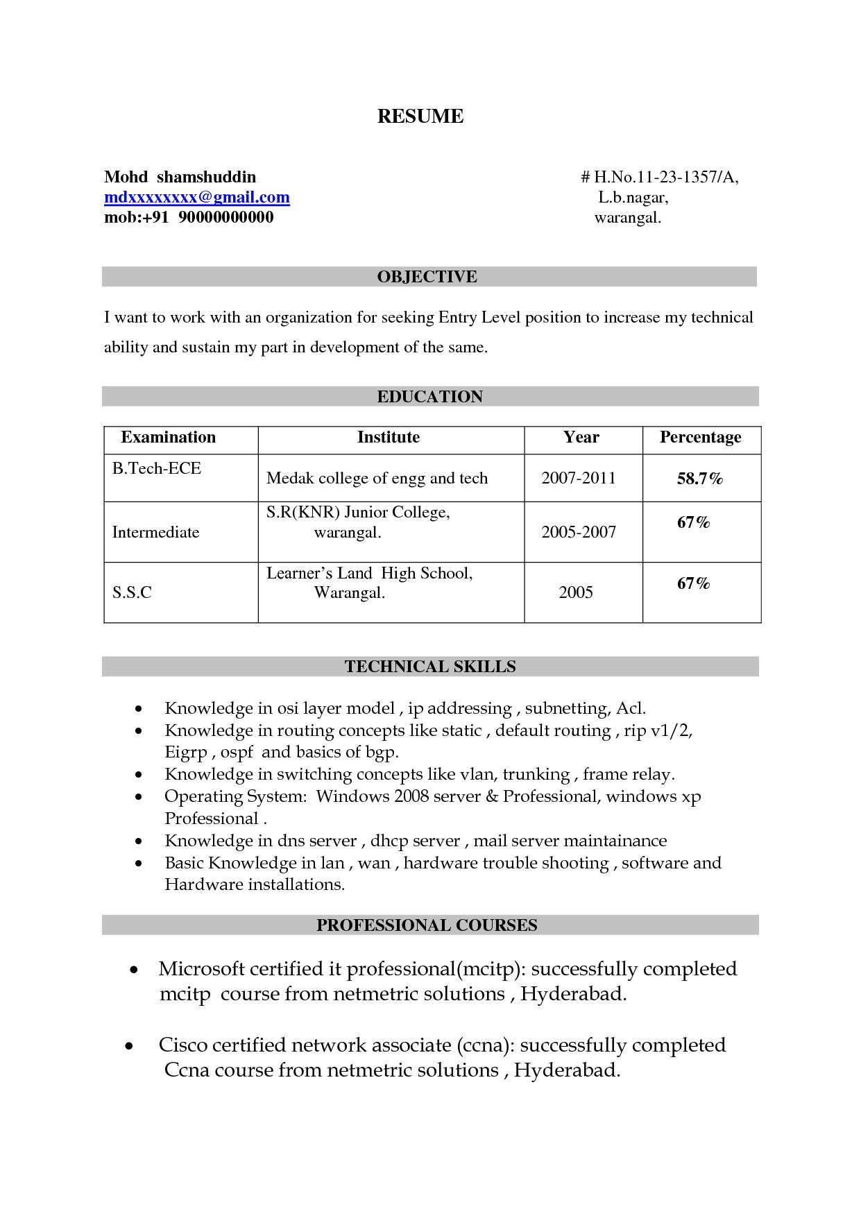 ccnp resume sample for freshers