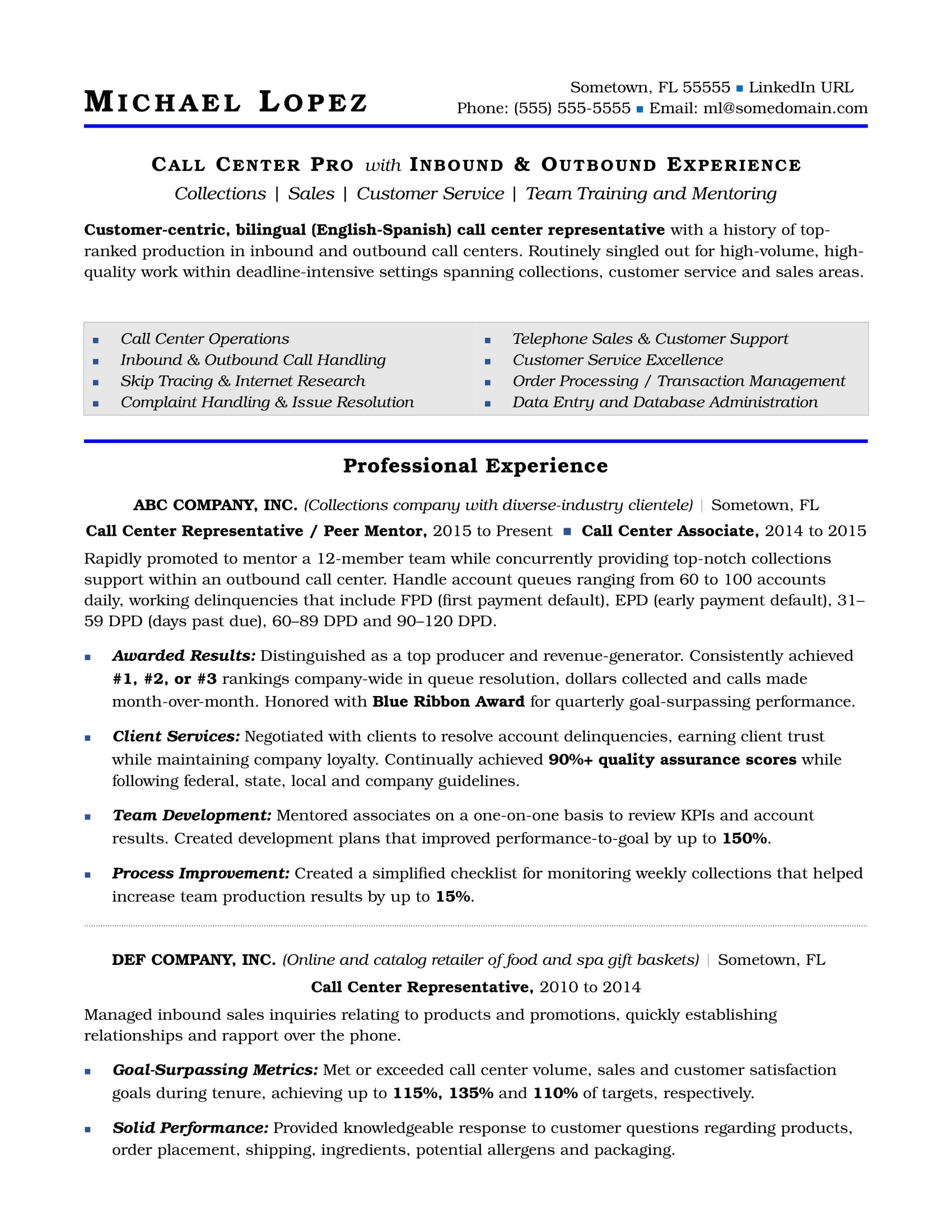 call center resume sample