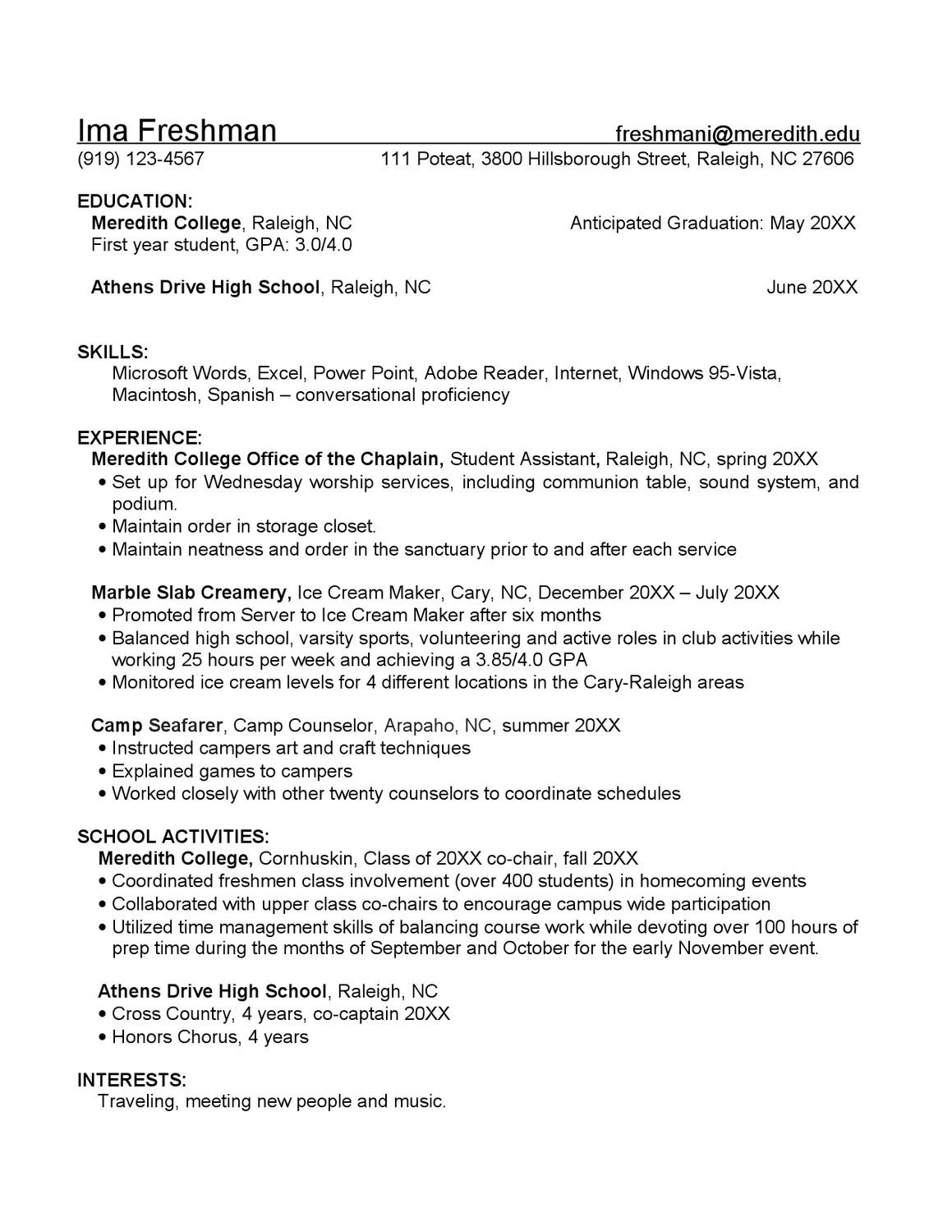 freshman resume sample