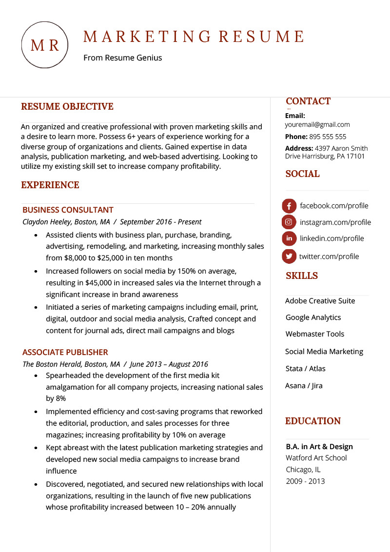 marketing resume example