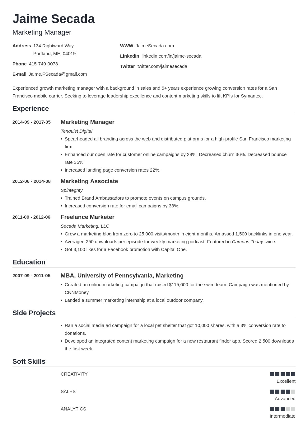 sales and marketing resume template
