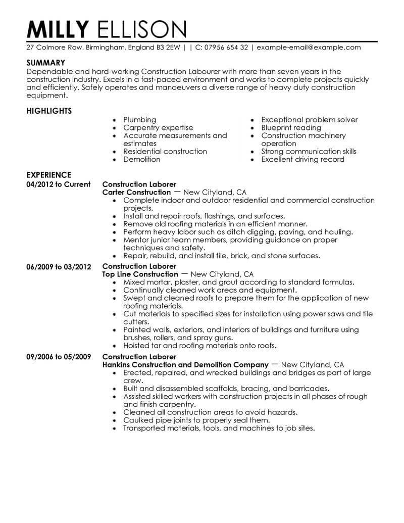 construction labor resume example