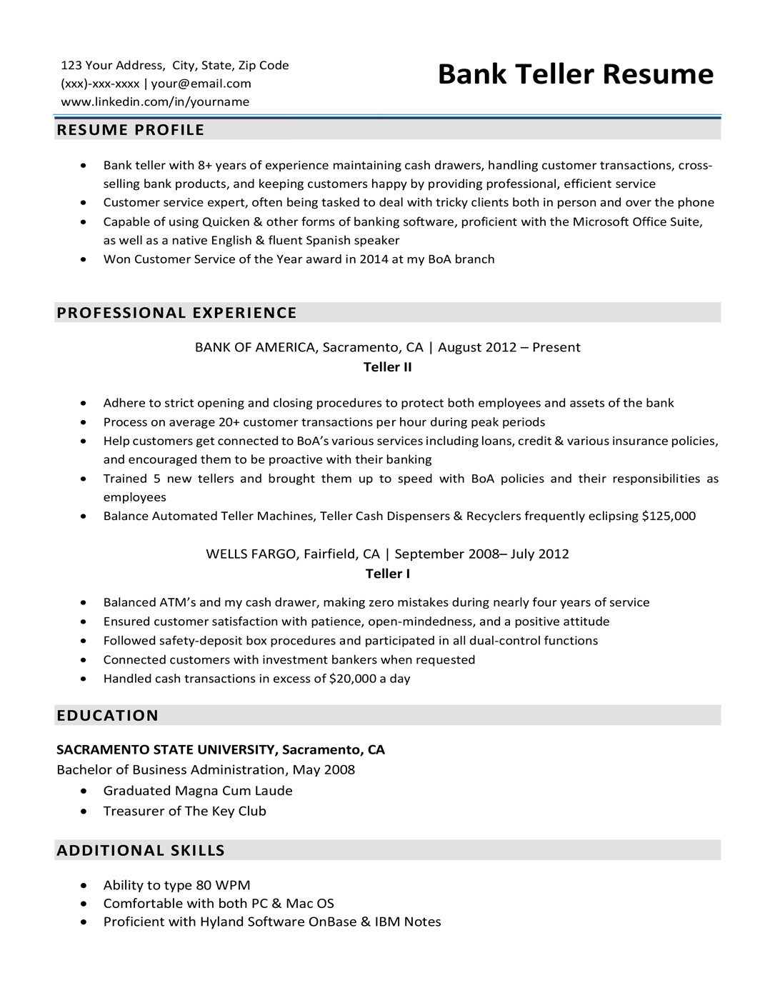 bank teller resume sample