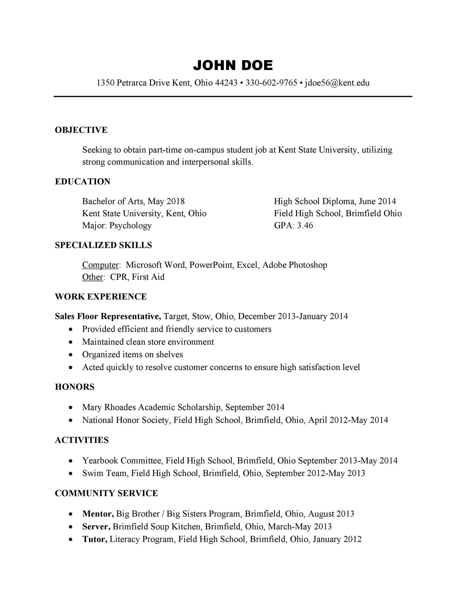 High School Student Resume for College Application Template 50 College Student Resume Templates (& format) á Templatelab