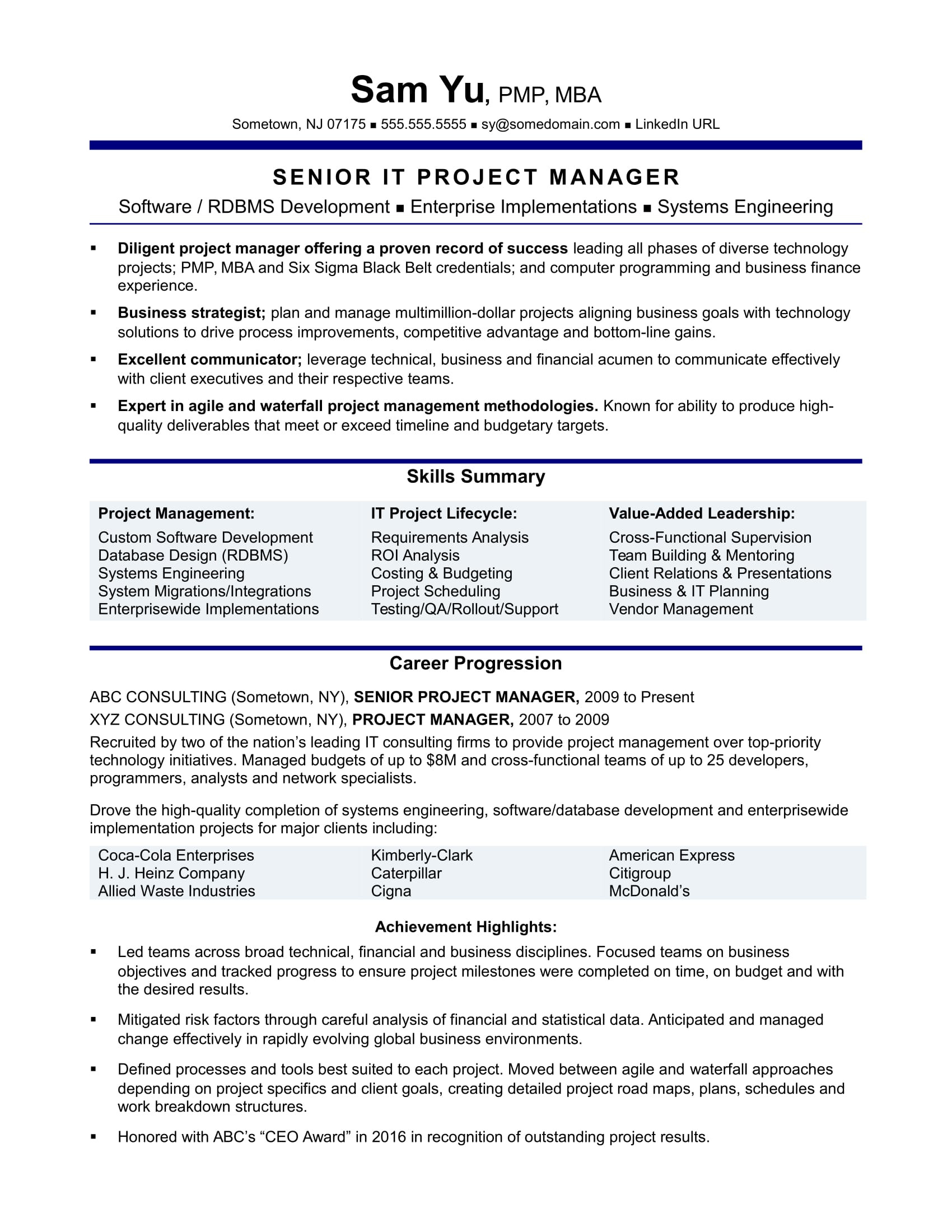 sample resume it project manager experienced