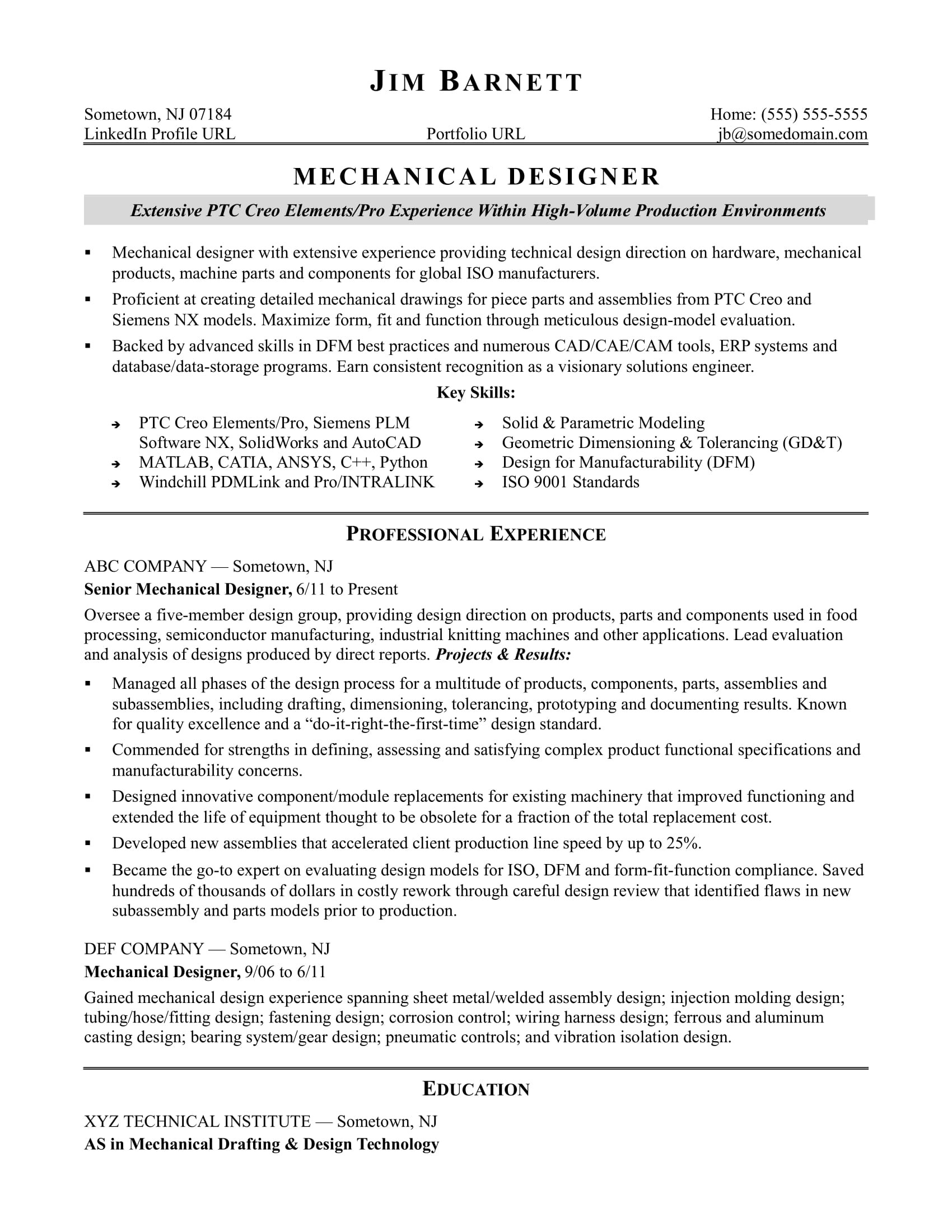 sample resume mechanical designer experienced