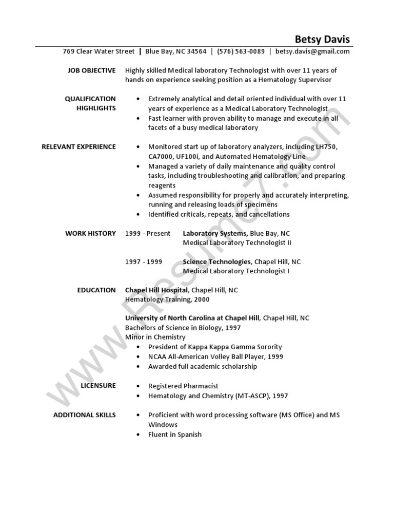 Laboratory Technician Resume Sample