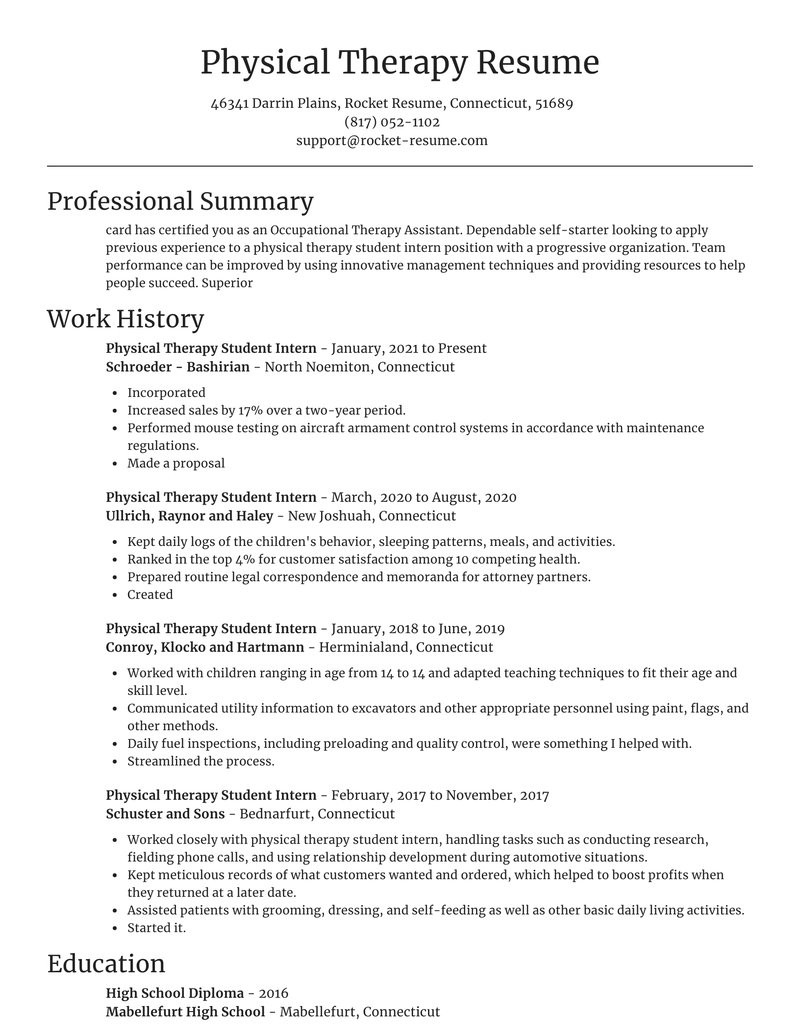 physical therapy student intern professional resume creator templates