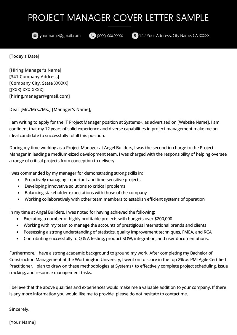 project manager cover letter sample