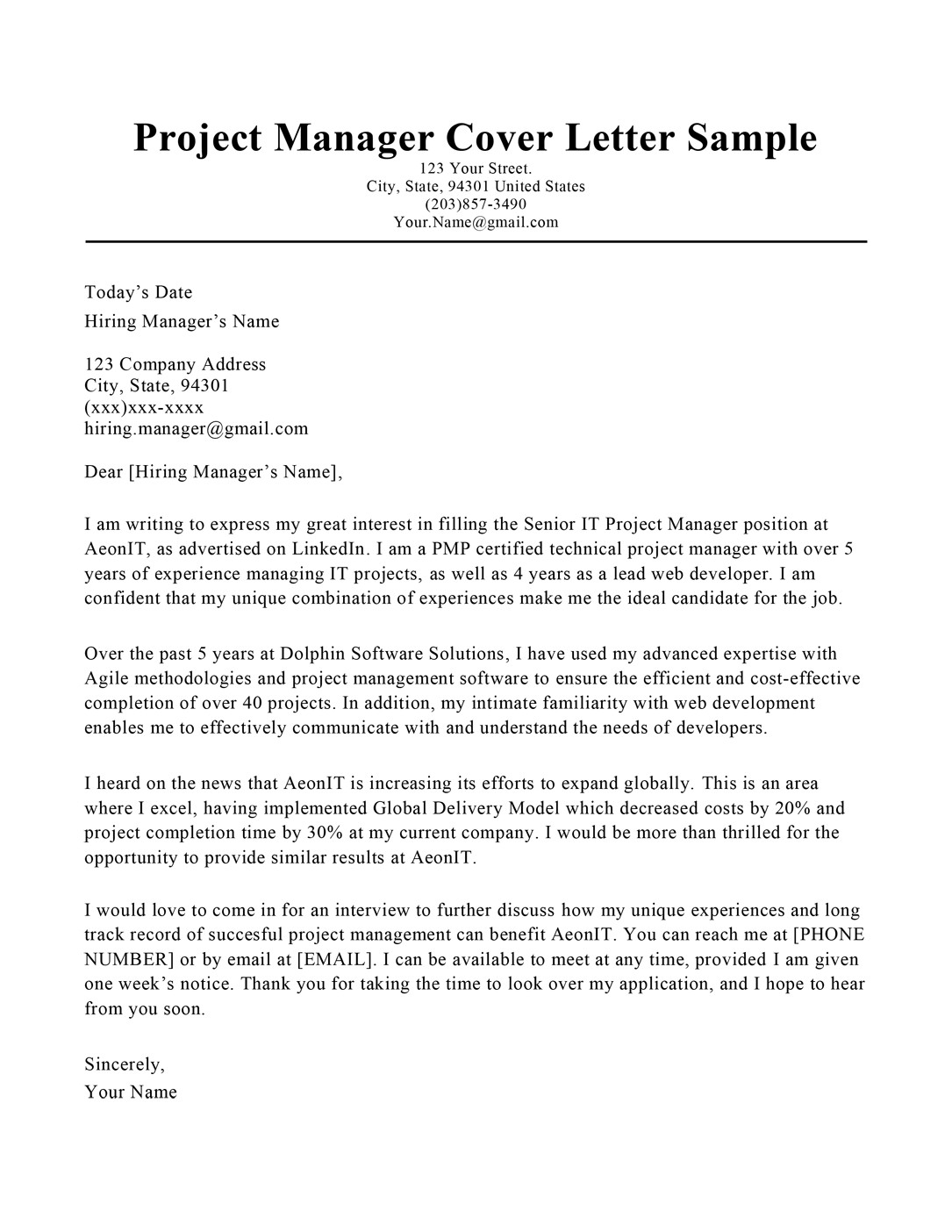 project manager cover letter sample