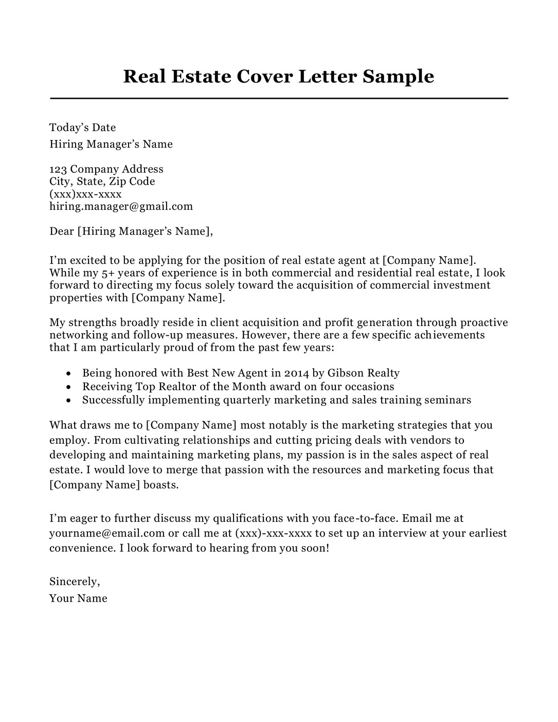 real estate cover letter sample