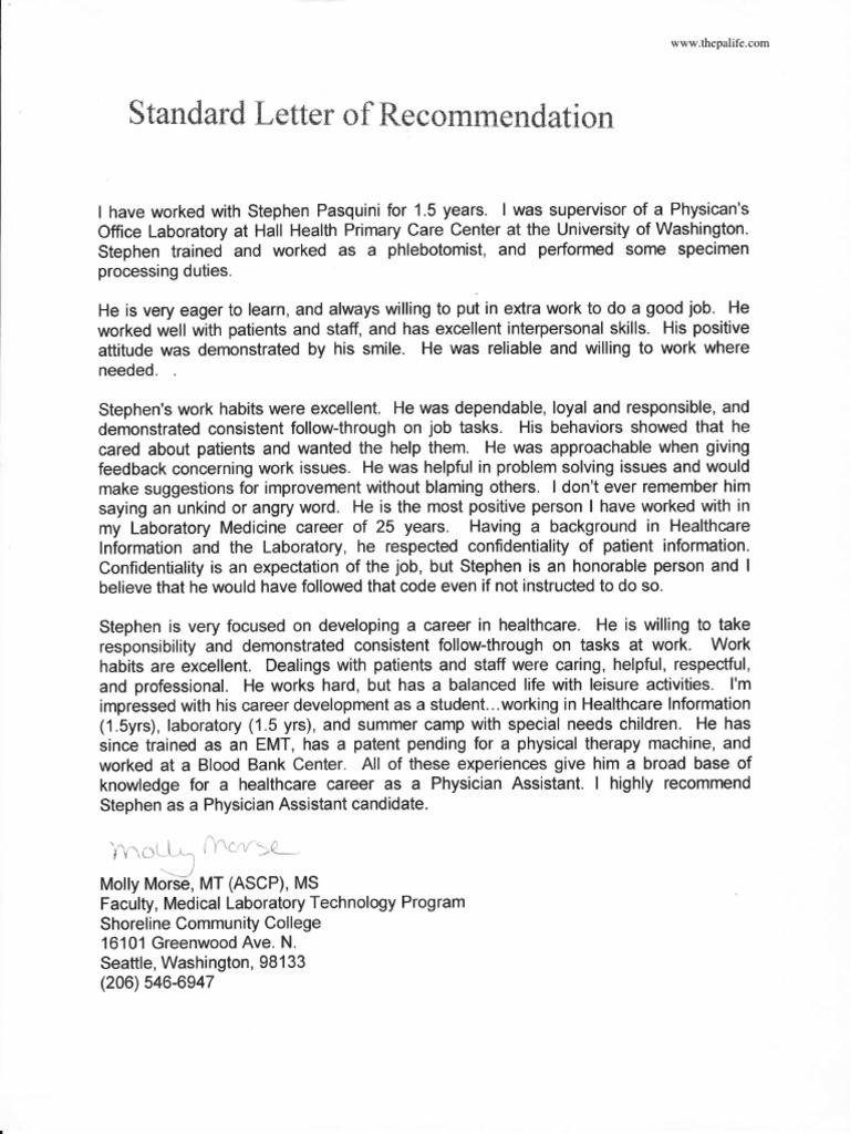 physician assistant application letter of re mendation sample applying to pa school