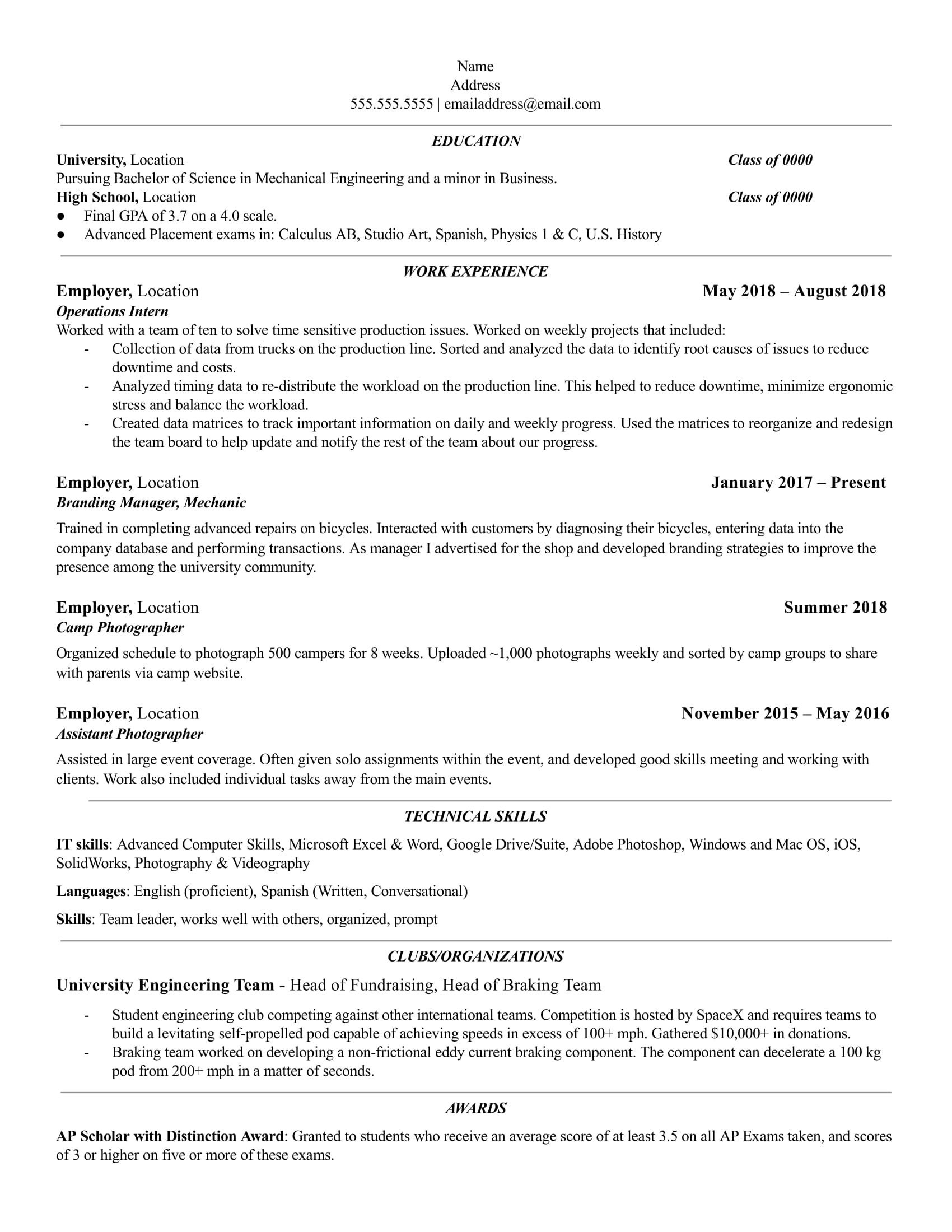university student internship resume