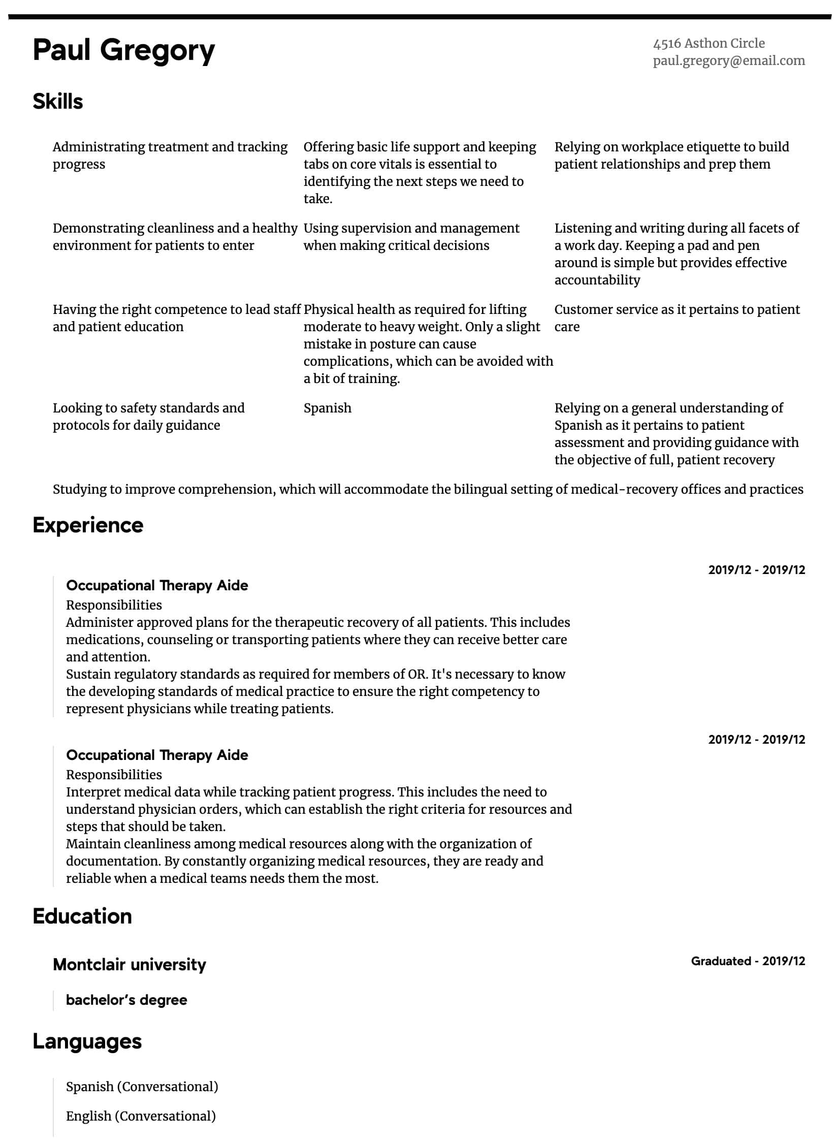occupational therapy aide resume sample