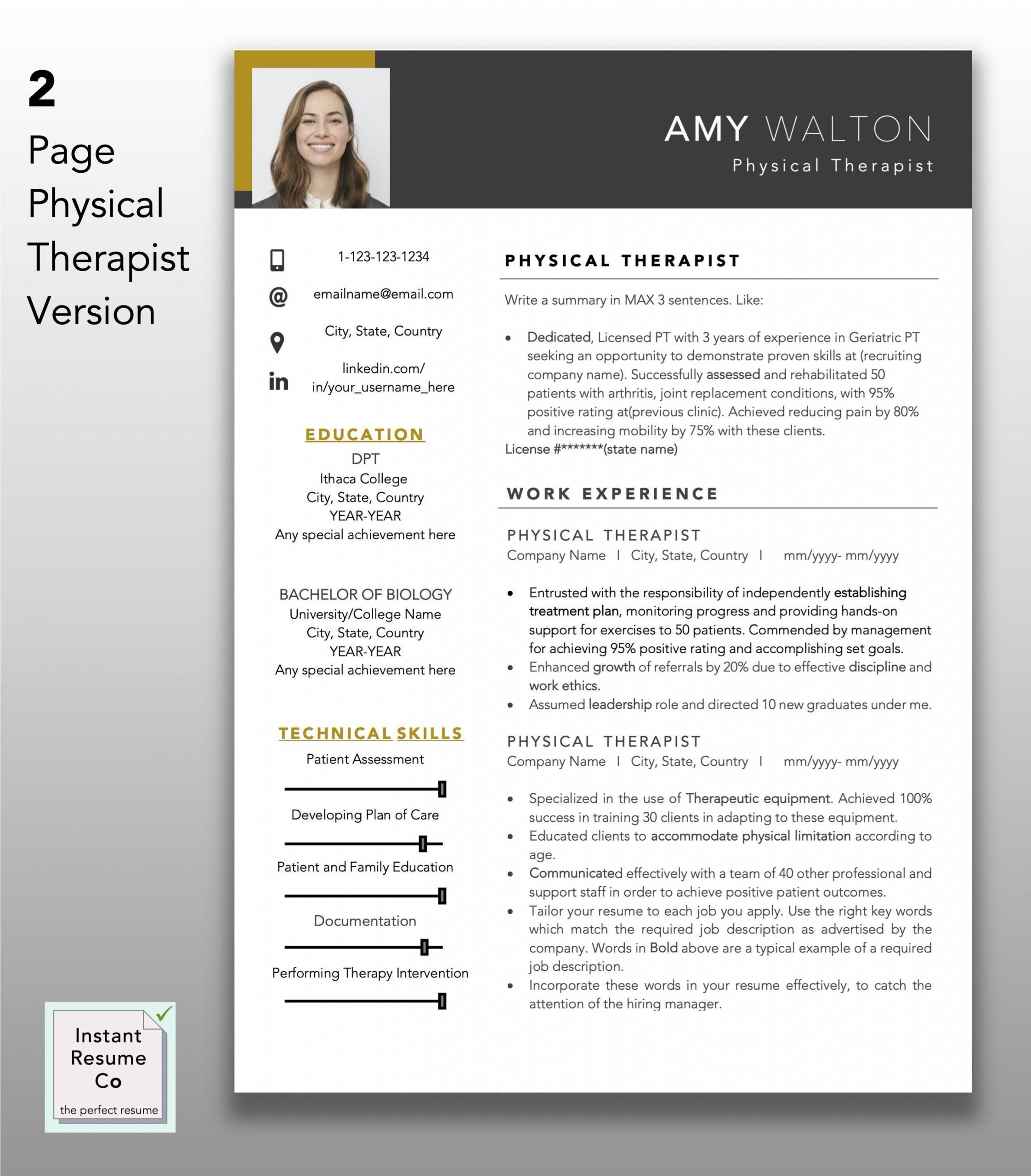 Resume Template for Physical therapist assistant Physical therapist, Licensed Pt Professional Resume Template …