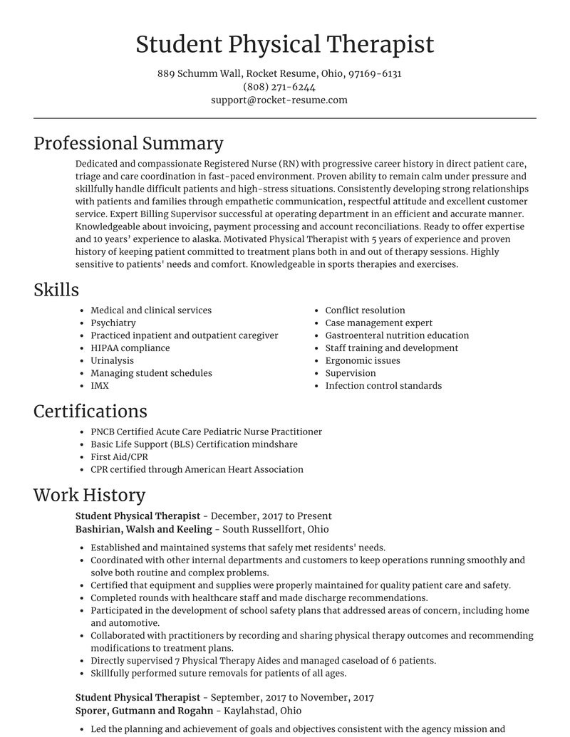 student physical therapist easy resume suggestions