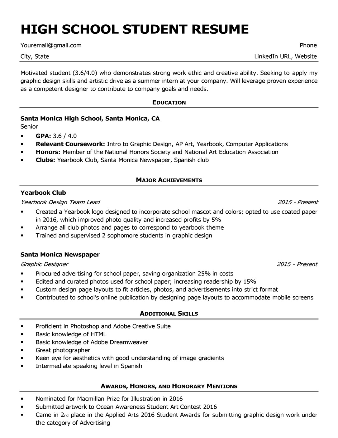 high school student resume sample