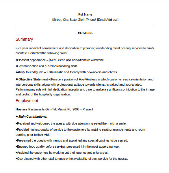 hostess resume