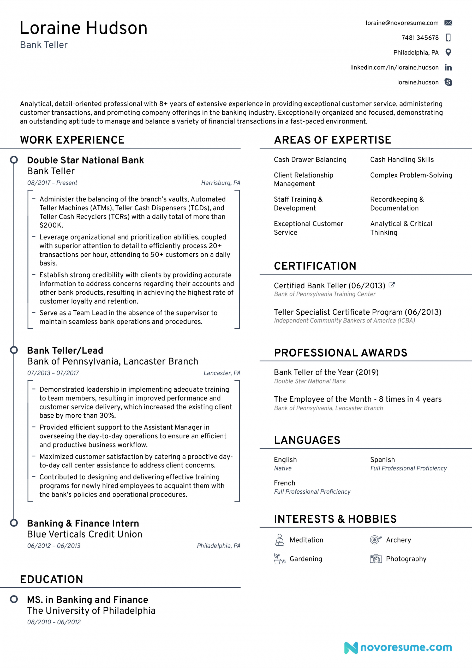 bank teller resume