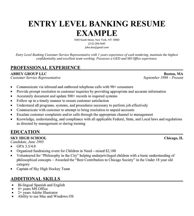 entry level bank resume