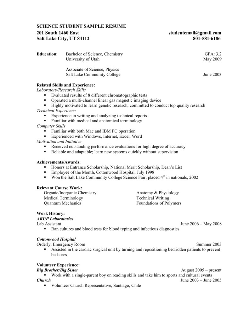 science student sample resume 201