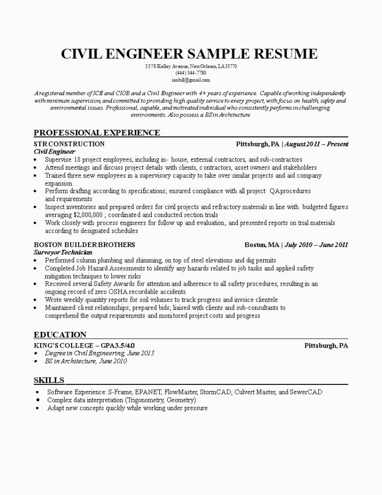 sample resume for civil engineering student