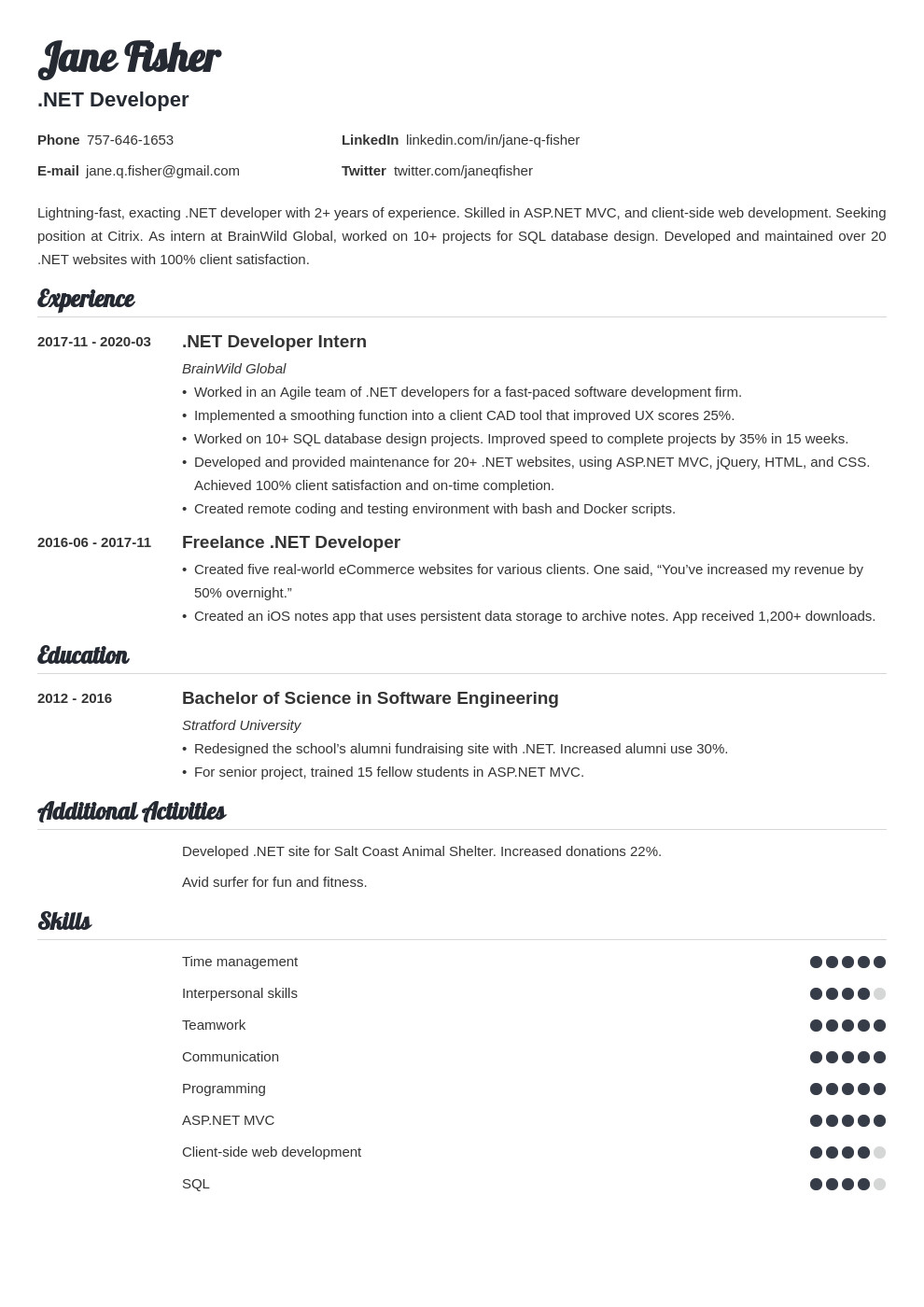 net developer resume example