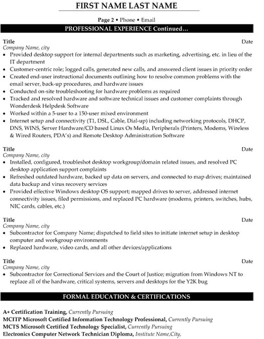 sample resume for experienced desktop support engineer