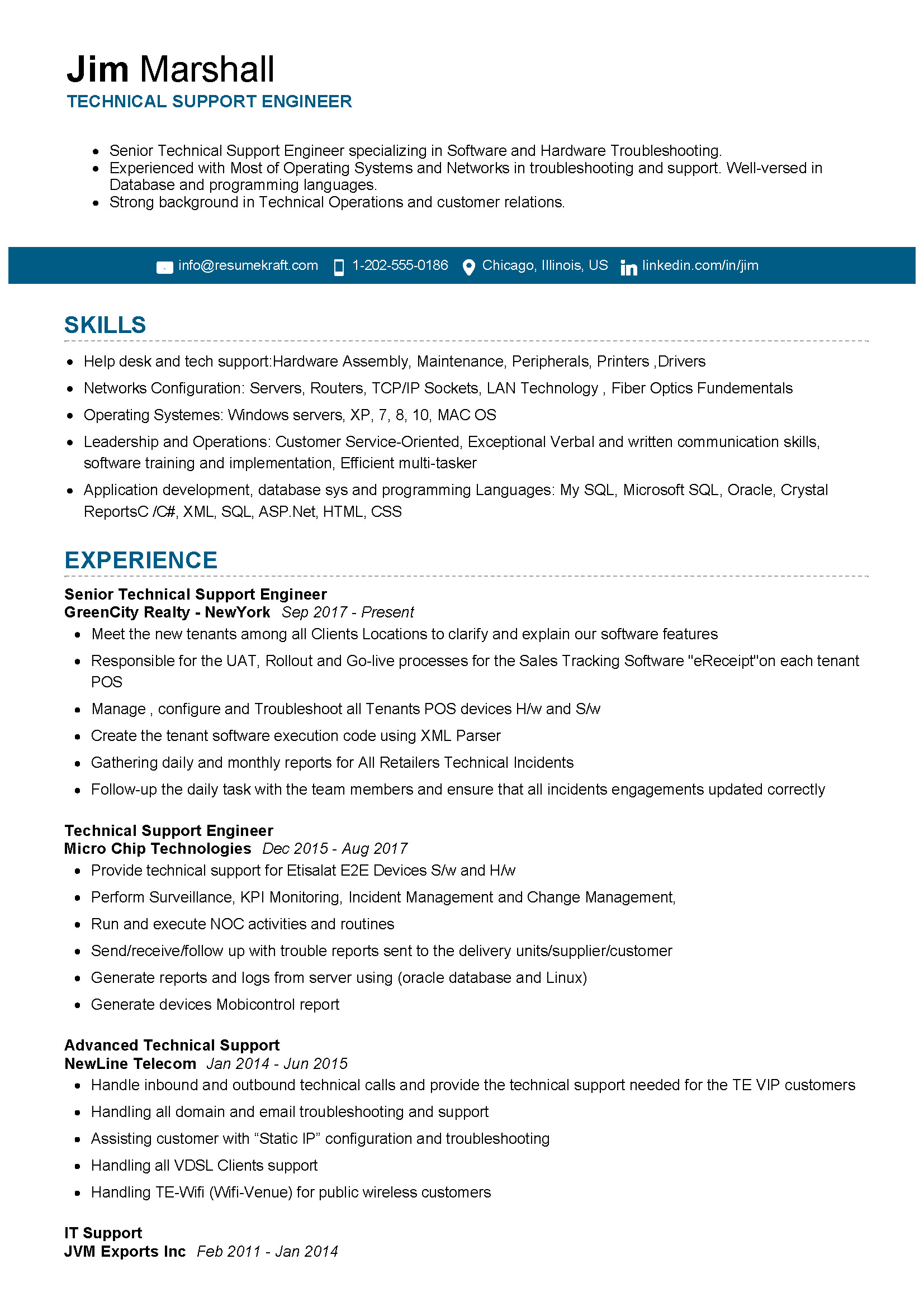 technical support engineer resume sample