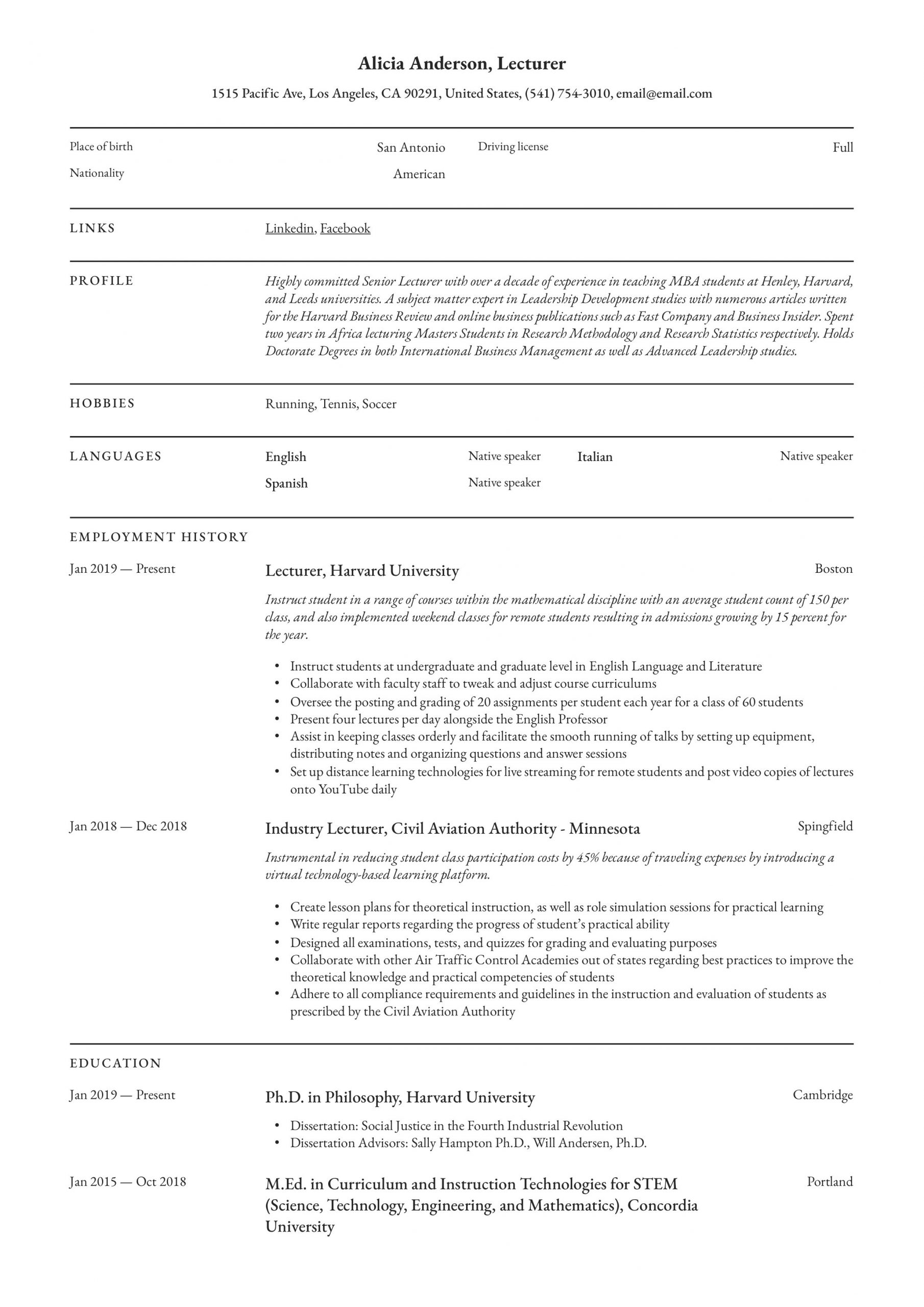 sample cv for lecturer position in