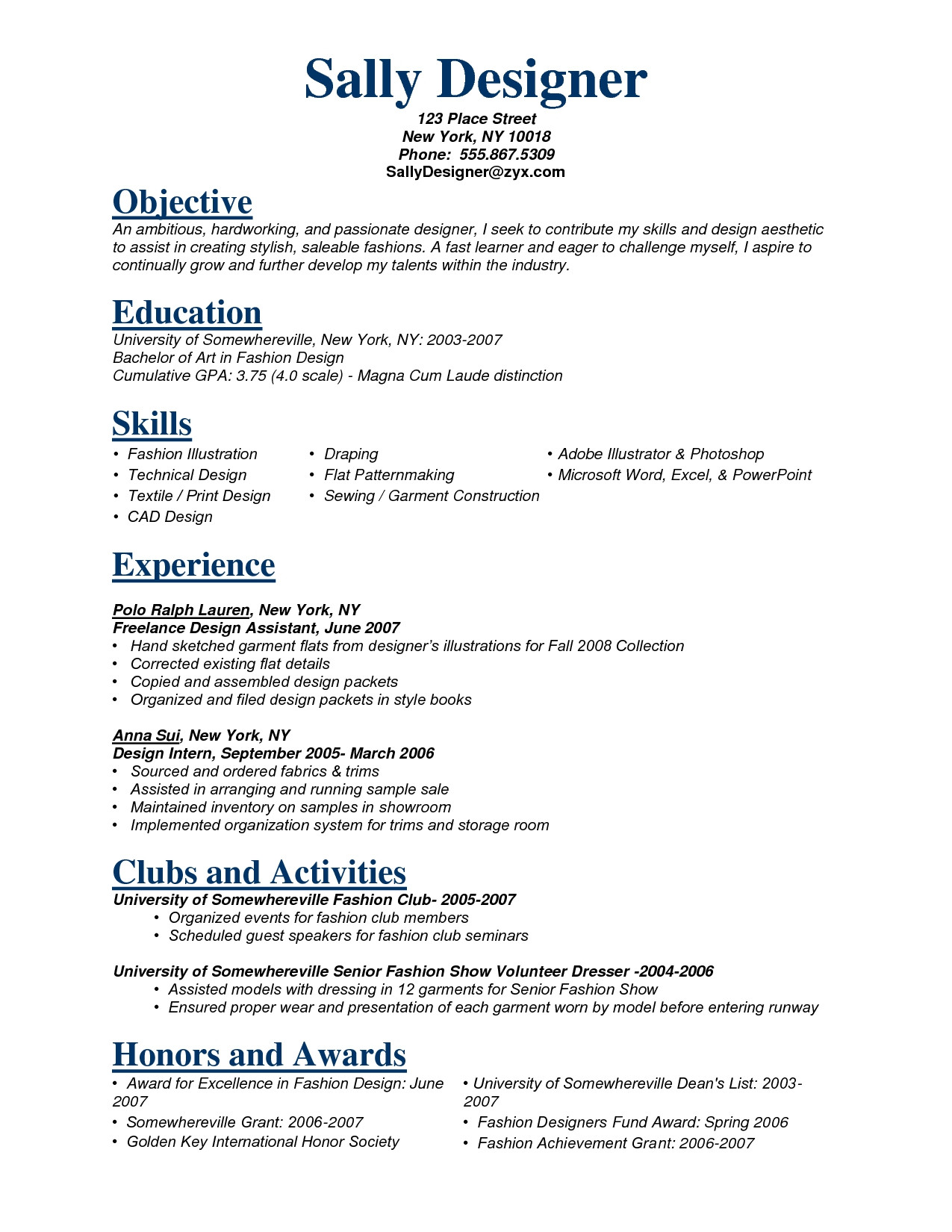 fashion design resume