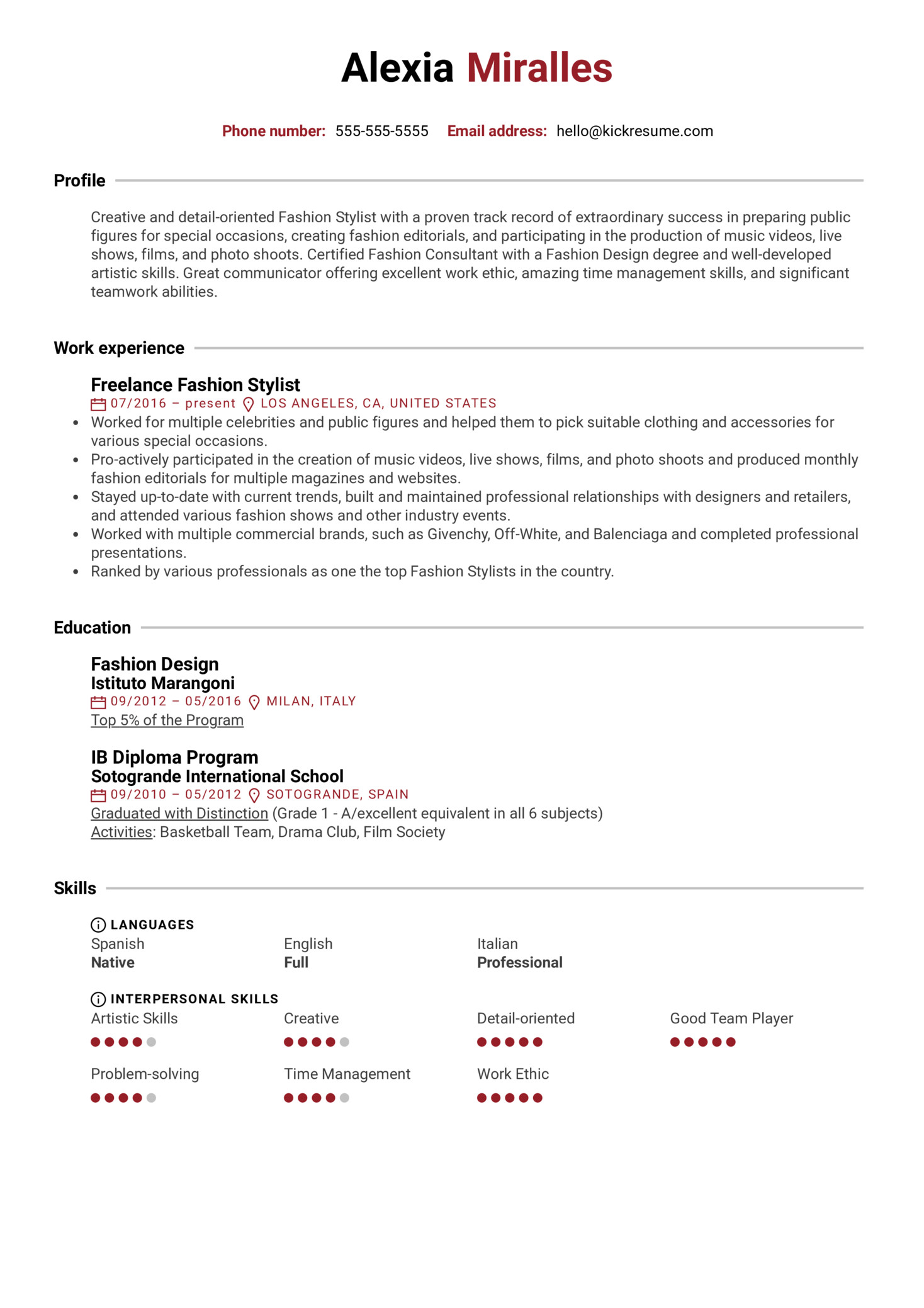 fashion stylist resume sample