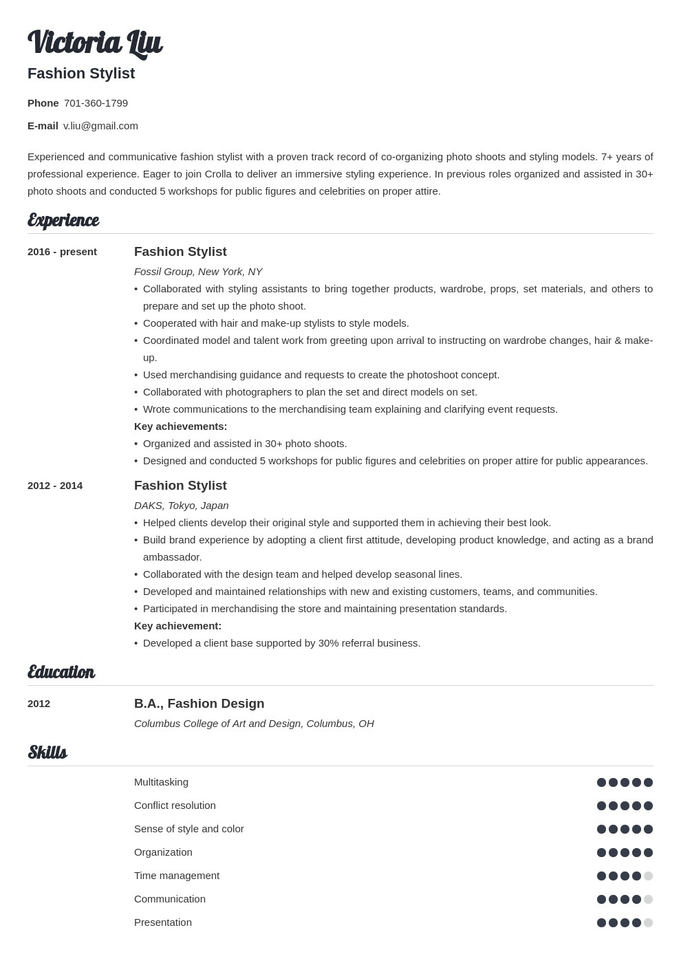 fashion stylist resume example