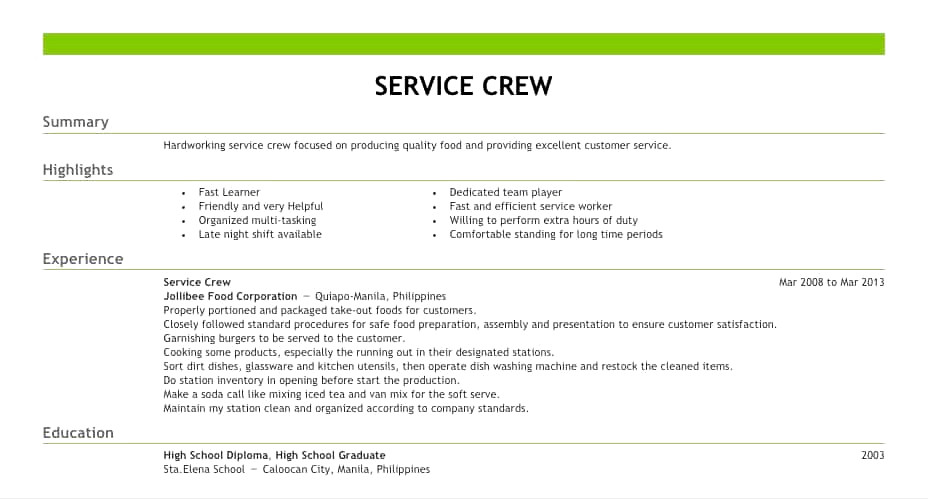 sample resume for fast food crew 18