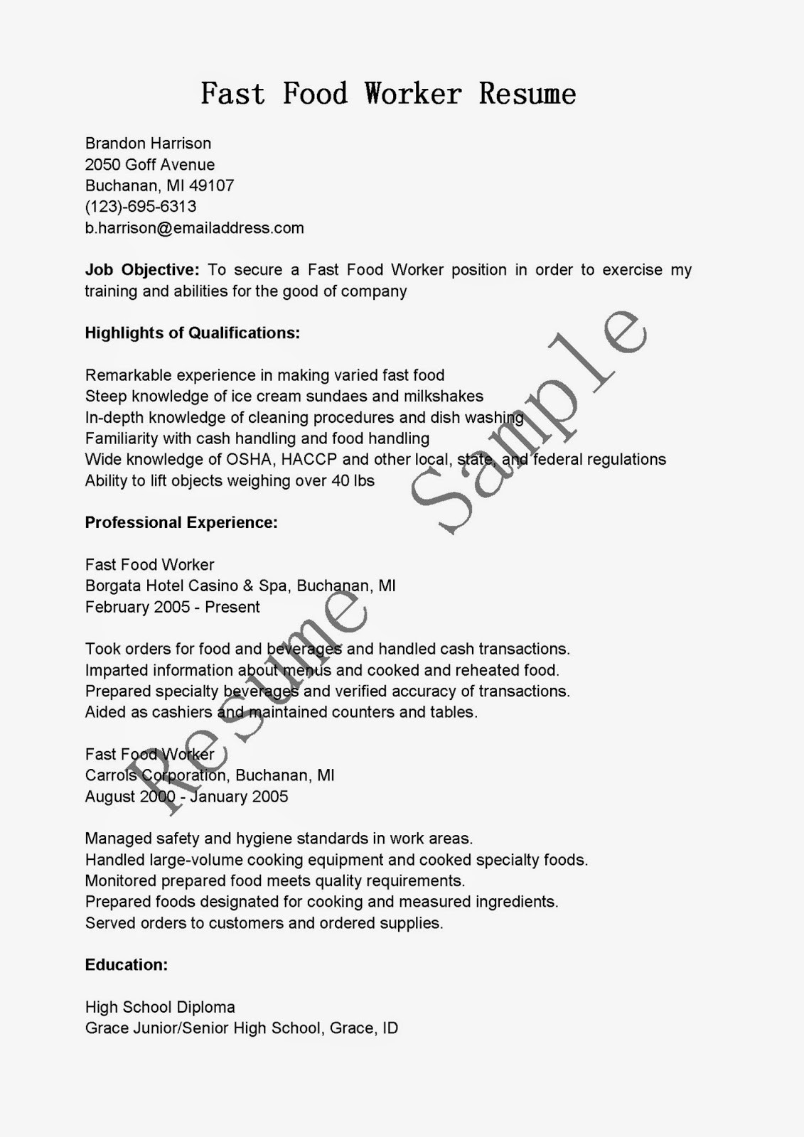 fast food worker resume sample