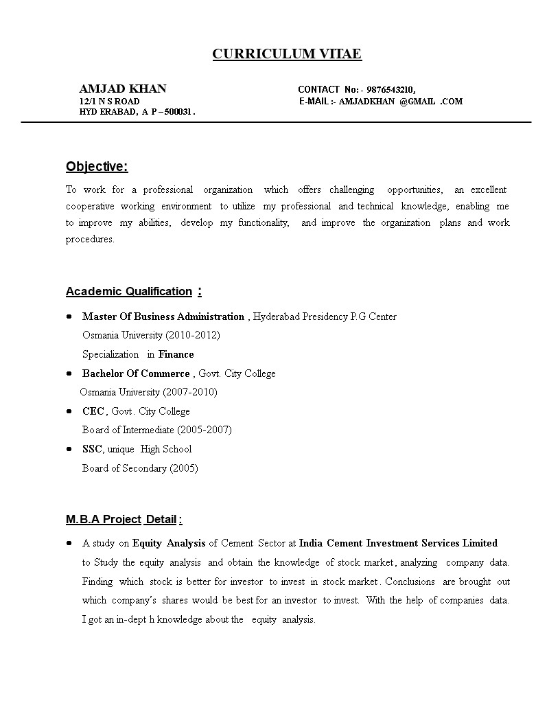 mba finance fresher resume