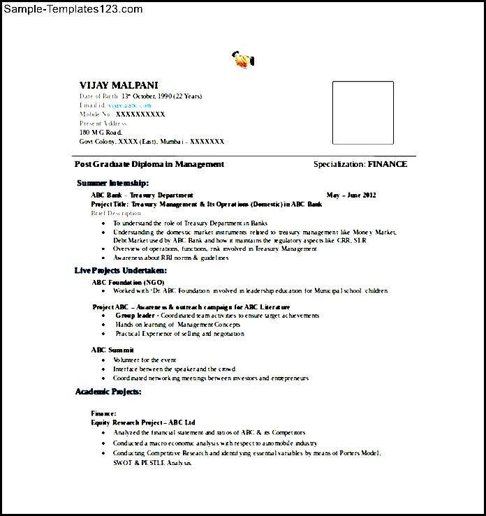 mba finance fresher resume word format free