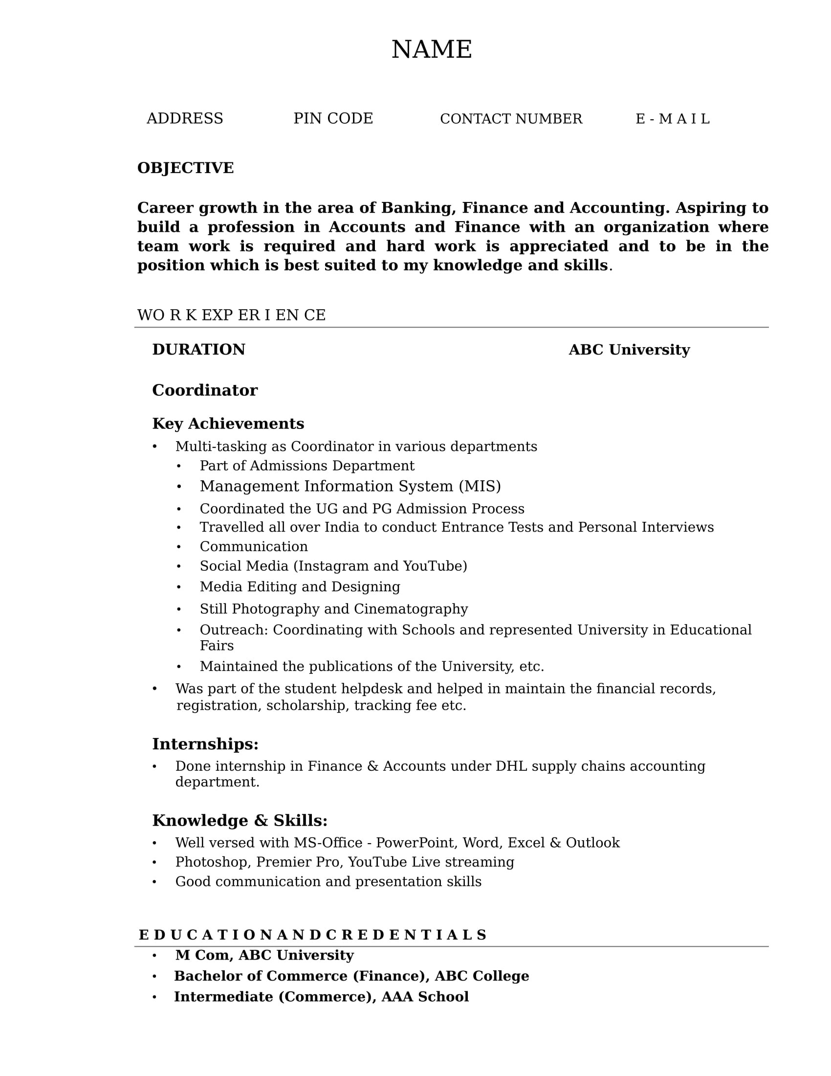 Sample Resume for Finance and Accounting Freshers Resume Templates for Accounting & Finance Freshers